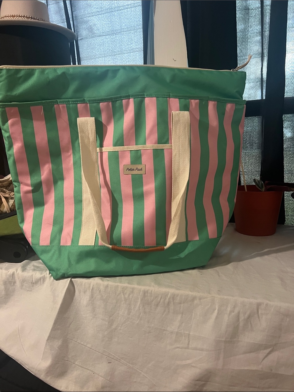 Pink and Green Striped Tote Bag with Cream Straps